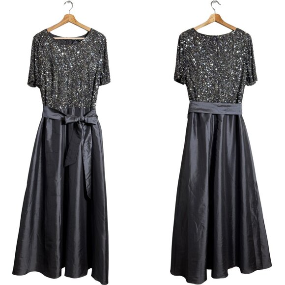 Pisarro Nights Beaded Bodice Satin Maxi Gown Women's 14 Gray Formal Wedding NWT - Picture 2 of 16